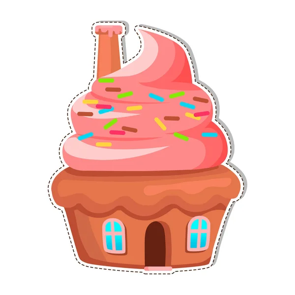 蛋糕房子与烟囱在奶油屋顶贴纸或图标 釉松饼家与五颜六色的糖果洒在白色背景上孤立的扁平向量 梦幻般甜美的小屋 — 图库矢量图片