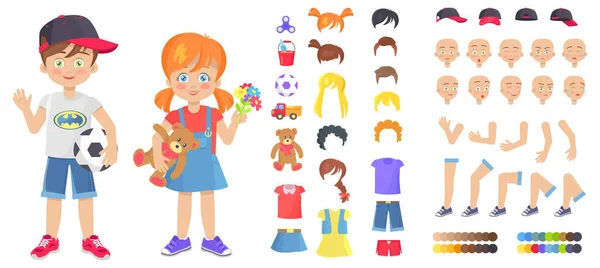 小男孩和女孩与幼稚的玩具构造器 — 图库矢量图片