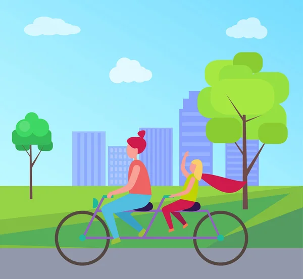 母亲女儿骑自行车在城市公园矢量 — 图库矢量图片