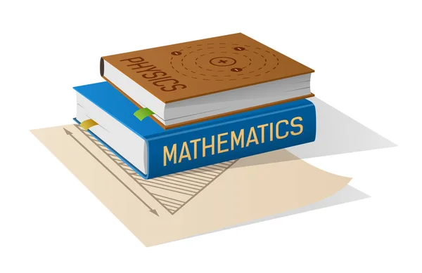Книги по физике и математике на листе бумаги — стоковый вектор