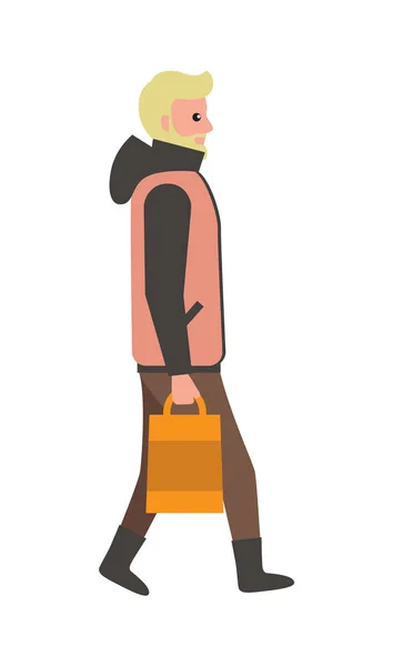 男子与袋子走直 海报与男性穿大衣和靴子 携带包裹 人与胡子和公平的头发矢量插图 — 图库矢量图片