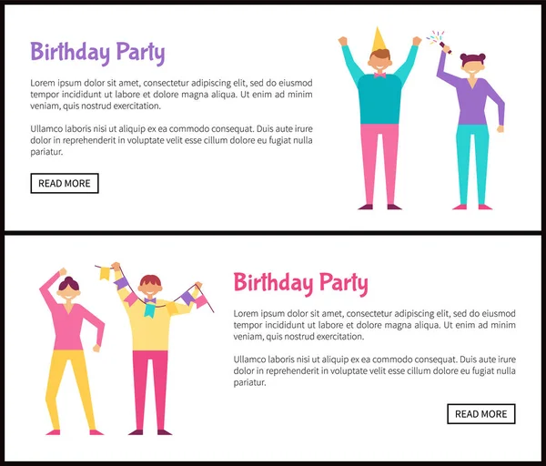 Birthday Party Web affischer Set med män och kvinnor — Stock vektor