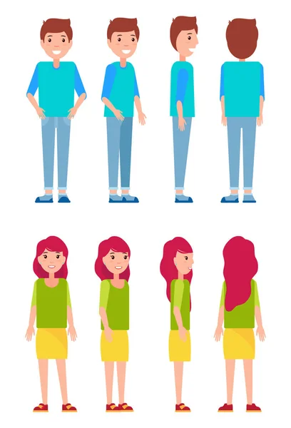 男性と女性の前面背面と側面図のセット — ストックベクタ