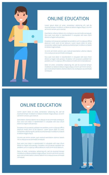 Online Education Poster Add Text, Man and Woman — Stock Vector