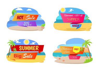 Yaz sıcak satış etiketleri kümesi tropikal plaj, palmiye ağaçları