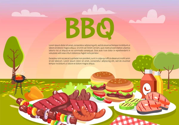 Pique-nique barbecue sur prairie mignonne, Illustration vectorielle — Image vectorielle