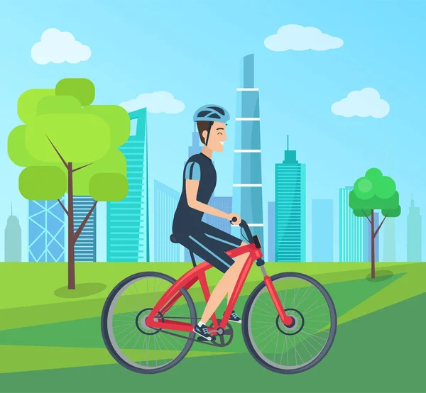 Człowiek w kasku jazda rowerem przez Green Park — Wektor stockowy