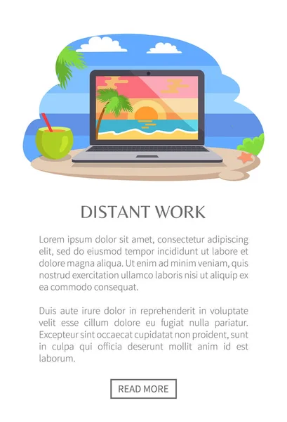 Distant Work Poster Open Notebook, Tropical Sunset — Stock Vector