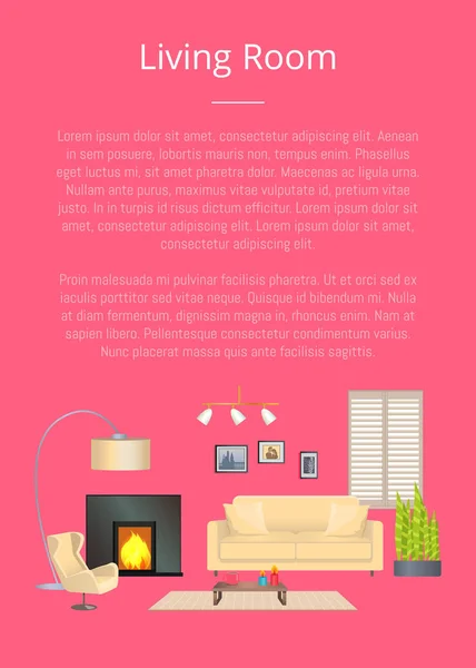 Obývací pokoj, moderní bytové doplňky, barevný nápis — Stockový vektor