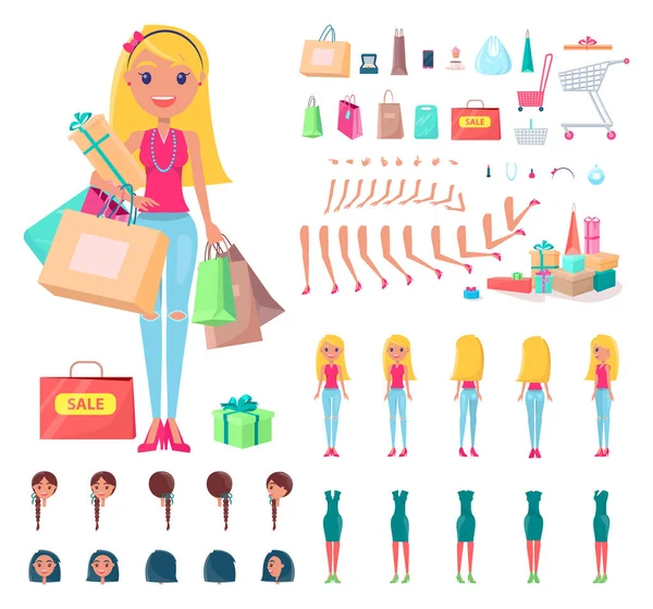 Shopaholic Constructor Mujer Vector Ilustración — Vector de stock