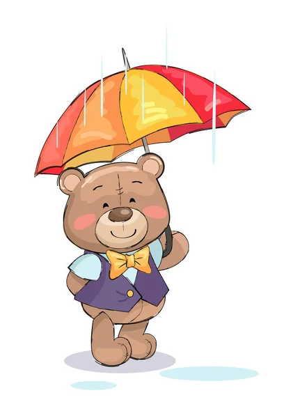 Mignon Teddy-Bear Stand Sous Parapluie Météo pluvieuse — Image vectorielle