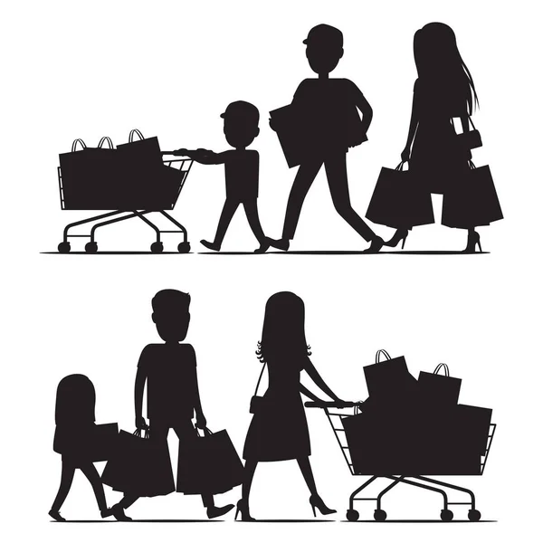 Compras siluetas familiares con paquetes en blanco — Vector de stock