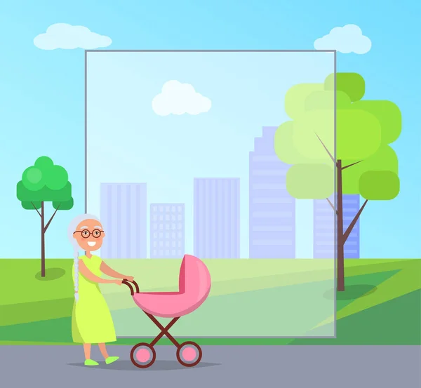 Senior Lady with Trolley Pram Walking in City Park