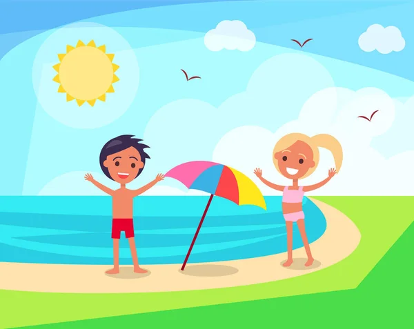 Niño y niña jugando bajo el sol en la playa — Vector de stock