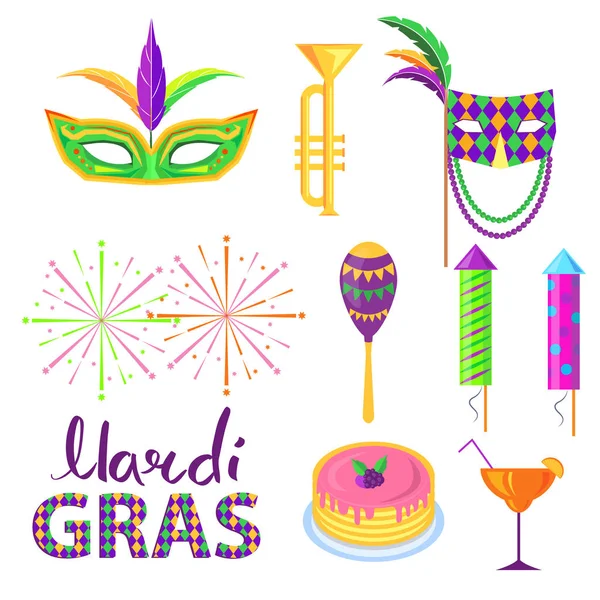 Magri Gras Carnaval Atributos Plano Vector Concepto — Vector de stock