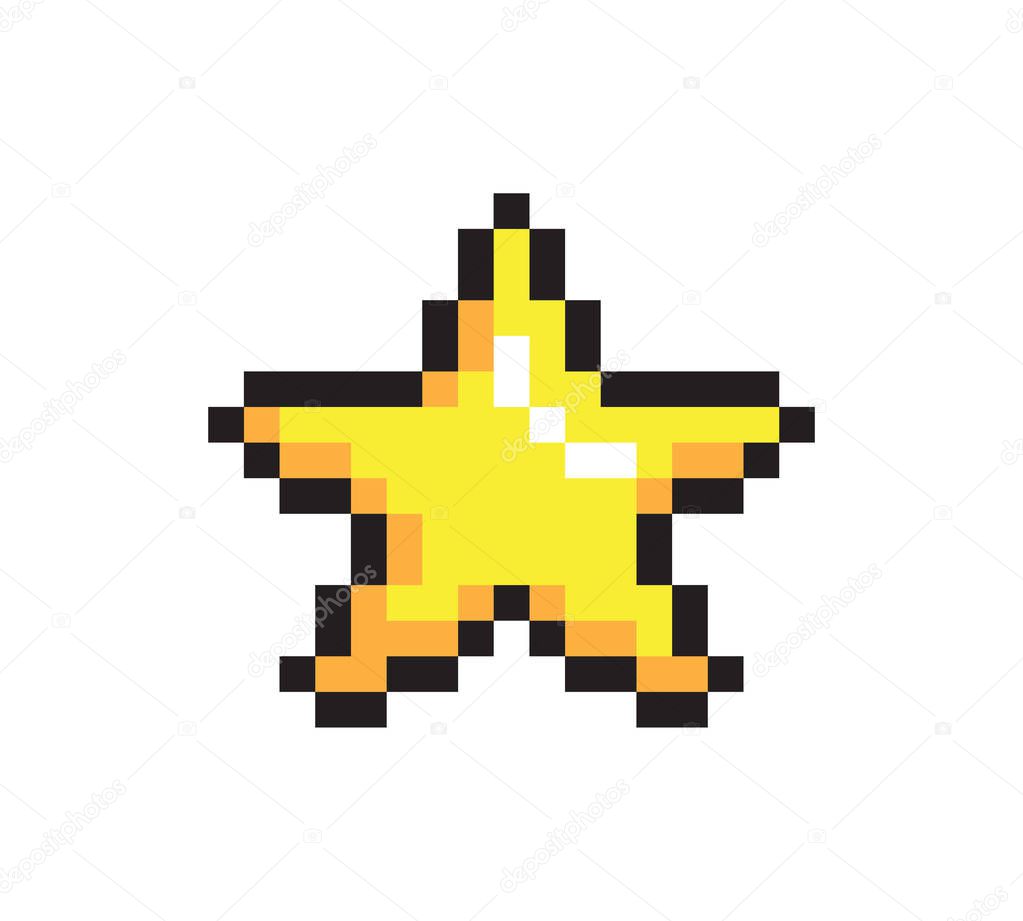 Bright yellow star pixel card, vector illustration, cute icon isolated on white background, abstract pixel pattern, star with reflections, black frame