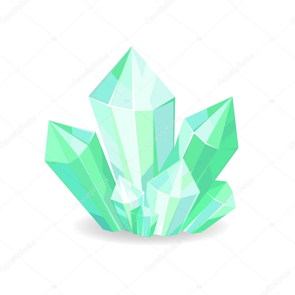 Green crystals of sapphire realistic precious geological minerals isolated on white background. Vector of shiny verdant crystals in realistic design