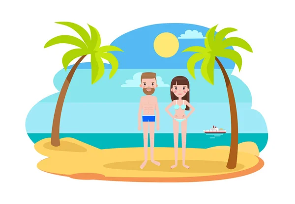 Uomo e donna in costume da bagno sulla spiaggia con le palme — Vettoriale Stock