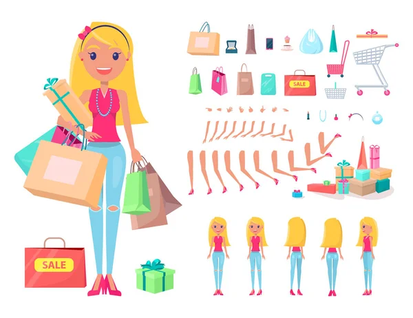 Shopaholic lány bevásárló táskák és szekerek — Stock Vector