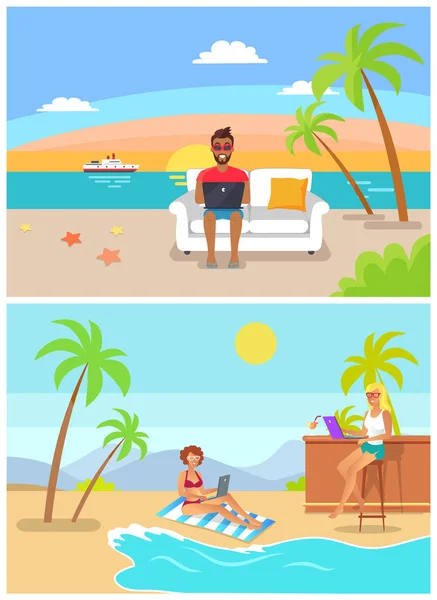 Freelance di sesso maschile e femminile si siedono e lavorano in spiaggia — Vettoriale Stock