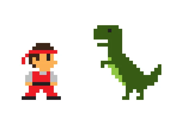 Uomo pixel e dinosauro grande rex, poster vettoriale — Vettoriale Stock