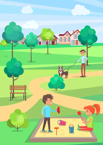 Niños jugando en sandbox y hombre paseando perro — Vector de stock