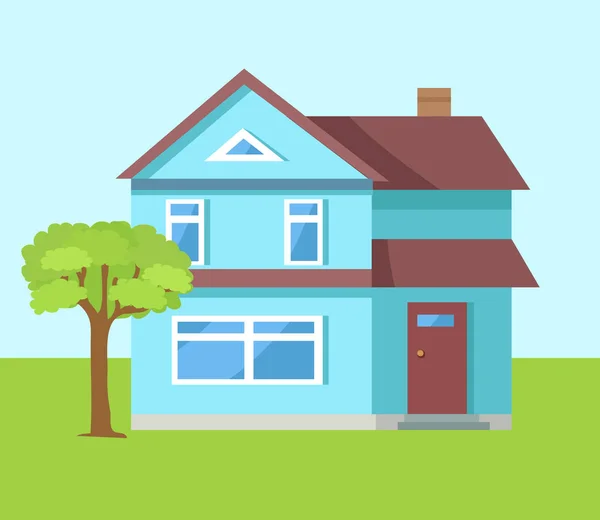 Üç katlı ev ön kapı ile mavi renk — Stok Vektör