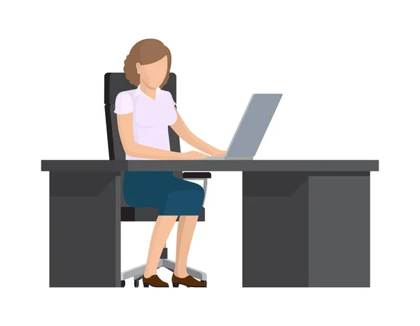 Χαριτωμένο κυρία εργάζεται με πολύχρωμα πανό υπολογιστή — Διανυσματικό Αρχείο