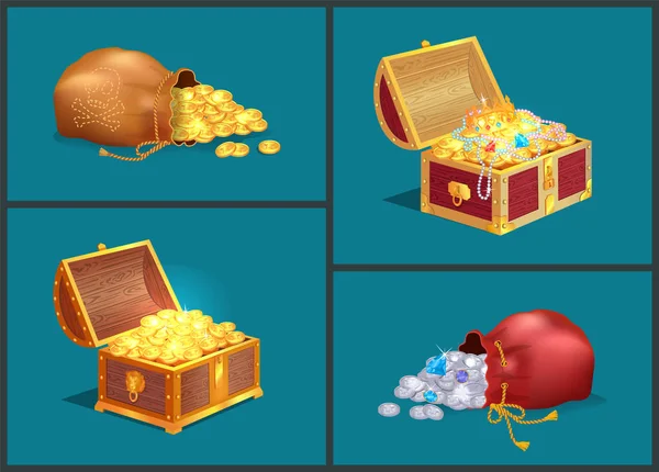 コインと宝物の木製チェスト バッグ — ストックベクタ