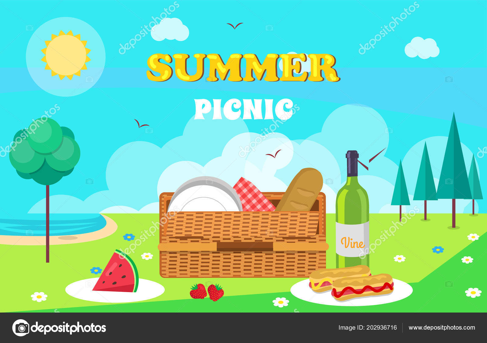 Векторная Иллюстрация Летнего Пикника Векторное Изображение.