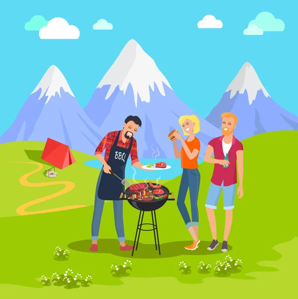 Belle fête de paysage de montagne et barbecue — Image vectorielle