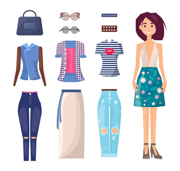 Chica en traje de verano con ropa casual de repuesto — Vector de stock