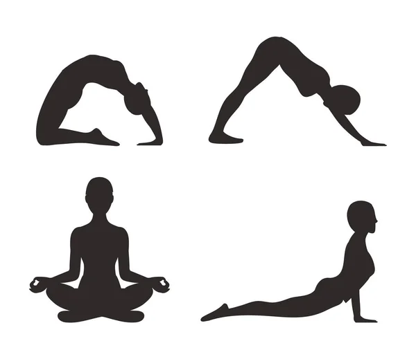 Yoga conjunto de Poses silhueta Vector Ilustração — Vetor de Stock