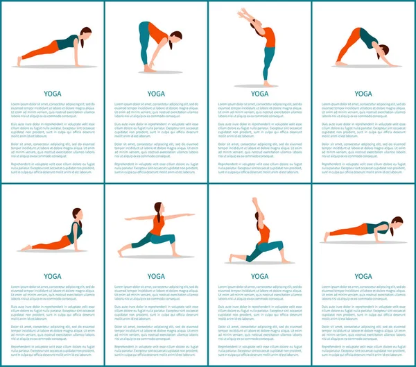 Set de Posturas de Yoga, Mujer Deportiva, Banner de Color — Vector de stock