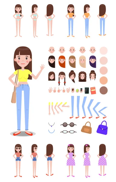 Constructor de carácter femenino con conjunto de piezas de repuesto — Vector de stock