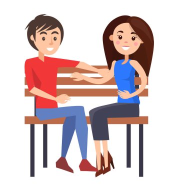 Genç çift ahşap Bank illüstrasyon üzerinde oturur