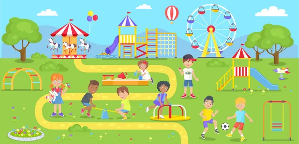 Happy Kids Spend Time on Childrens Playground - Stok Vektor