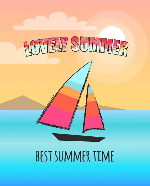 Прекрасный летний плакат с изображением лодки у моря — стоковый вектор
