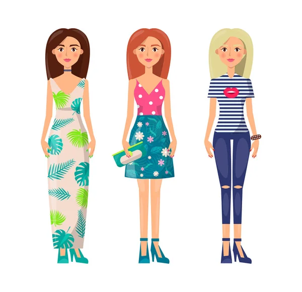 Tři roztomilé dámy v šatech Vogue, vektorový obrázek — Stockový vektor