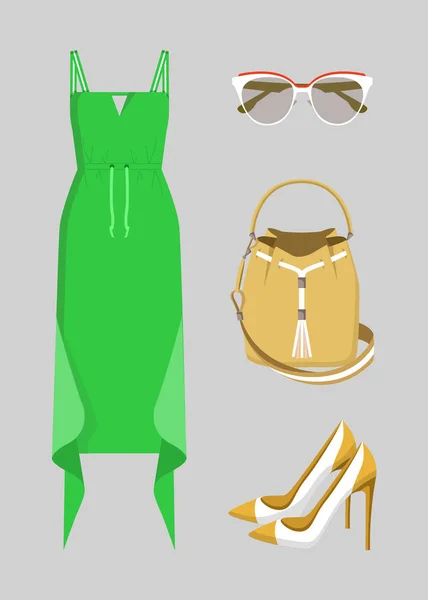 Belle robe verte avec divers accessoires — Image vectorielle