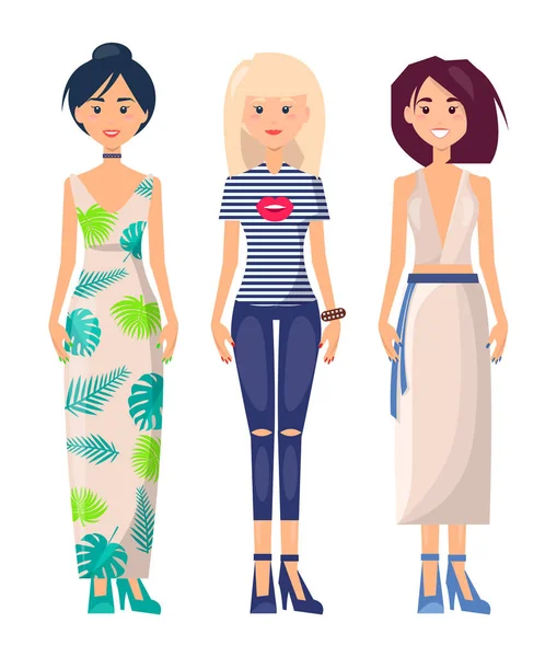 Trzy dziewczyny na co dzień w różnych lato Odzież — Wektor stockowy