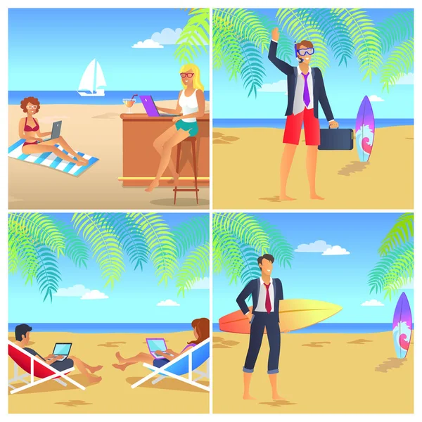 Τέσσερις πολύχρωμες αφίσες με Businessmans στην παραλία — Διανυσματικό Αρχείο