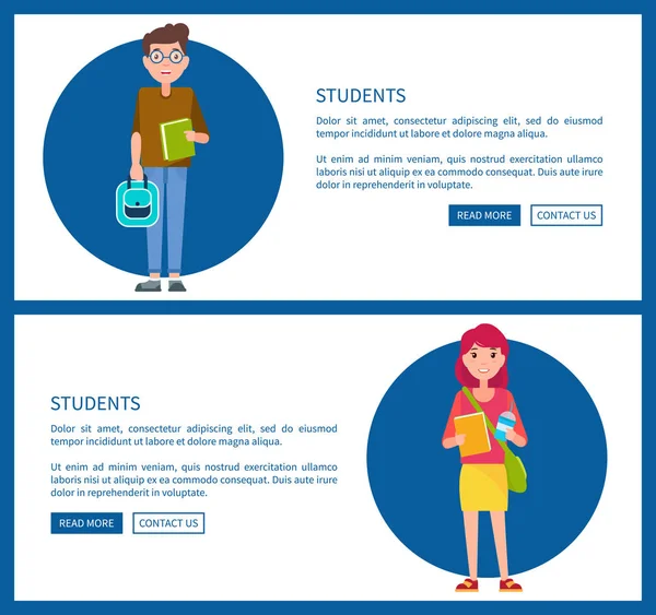 Diákok fiú és lány rajzfilm stílusú webes plakátok — Stock Vector