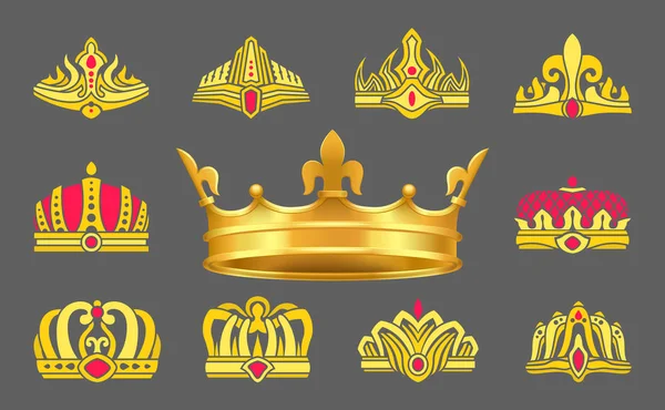 Luxueuses couronnes en or incrustées de pierres rubis — Image vectorielle