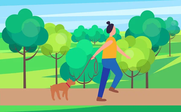 Frau geht Hund in Park Vektor Illustration — Stockvektor