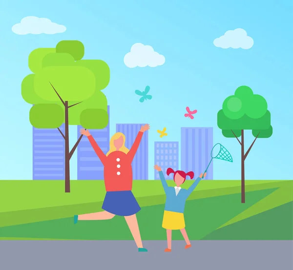 Mère et enfant attrapant des papillons dans le parc de la ville — Image vectorielle