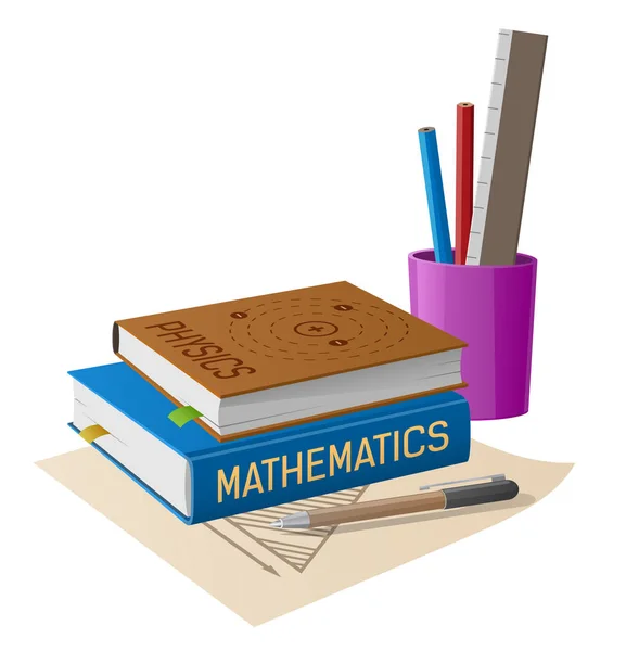 Física e Matemática Livros didáticos com artigos de papelaria —  Vetores de Stock