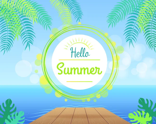 Γεια σας καλοκαίρι διαφημιστική αφίσα με πράσινες παλάμες — Διανυσματικό Αρχείο