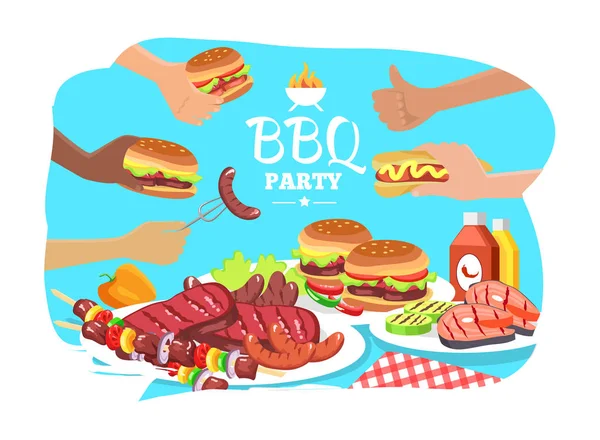 Manifesto del partito di BBQ, illustrazione variopinta del vettore — Vettoriale Stock