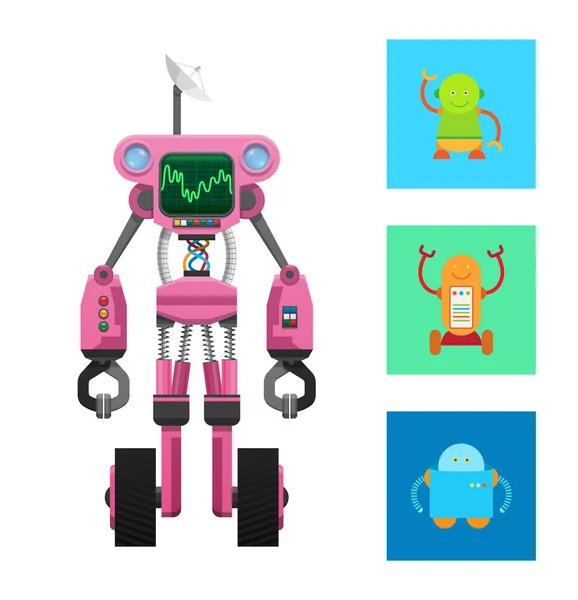 Máquina de robot rosa en dos ruedas negras Tarjeta vectorial — Vector de stock